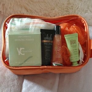 Orange Travel Cosmetic Bag with Skincare and Makeup